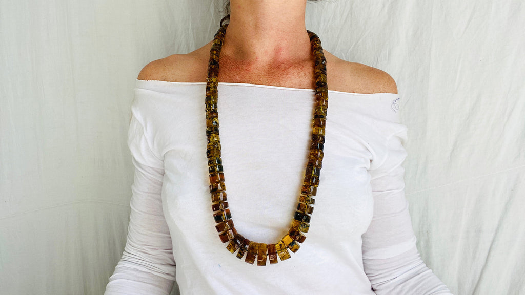 Amber Heishi Beaded Necklace. Puca. Mexican Amber - Aadya Bazaar