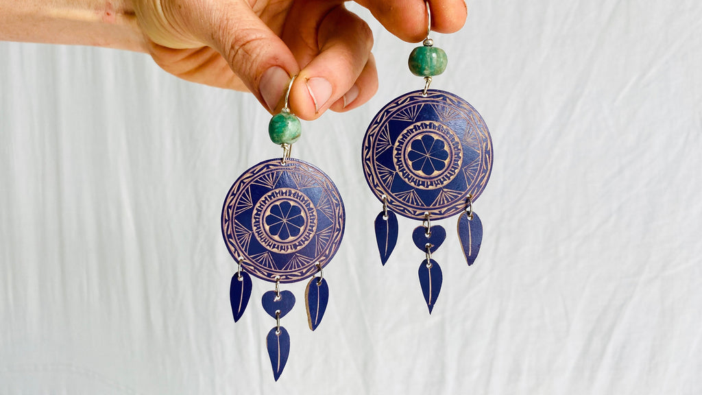 Carved Gourd Earrings. Guatemalita & Sterling Silver. Oaxaca, Mexico. Frida Kahlo - Aadya Bazaar