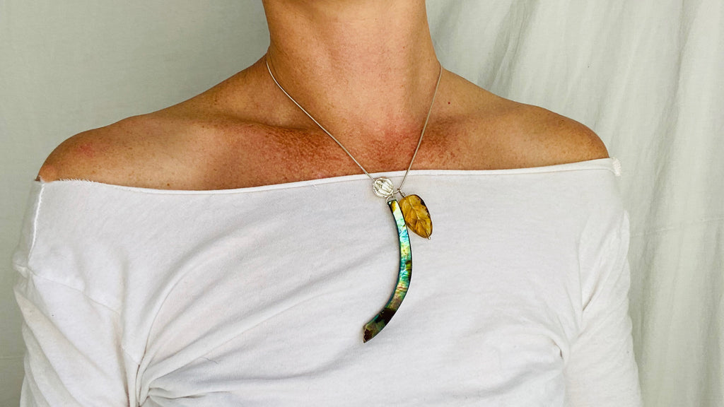 Amber, Paua & Silver Pendant. Sterling Silver Snake Chain. - Aadya Bazaar