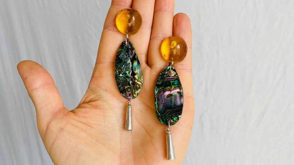 Paua, Amber & Silver Earrings.
