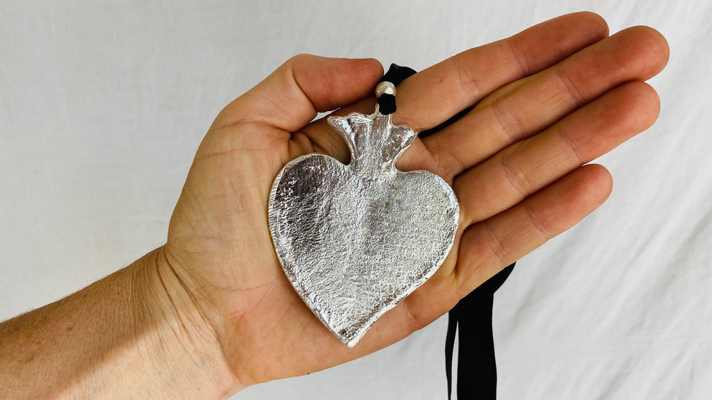 Cast Milagro Necklace. Sacred Heart. Silk Satin Ribbon. - Aadya Bazaar
