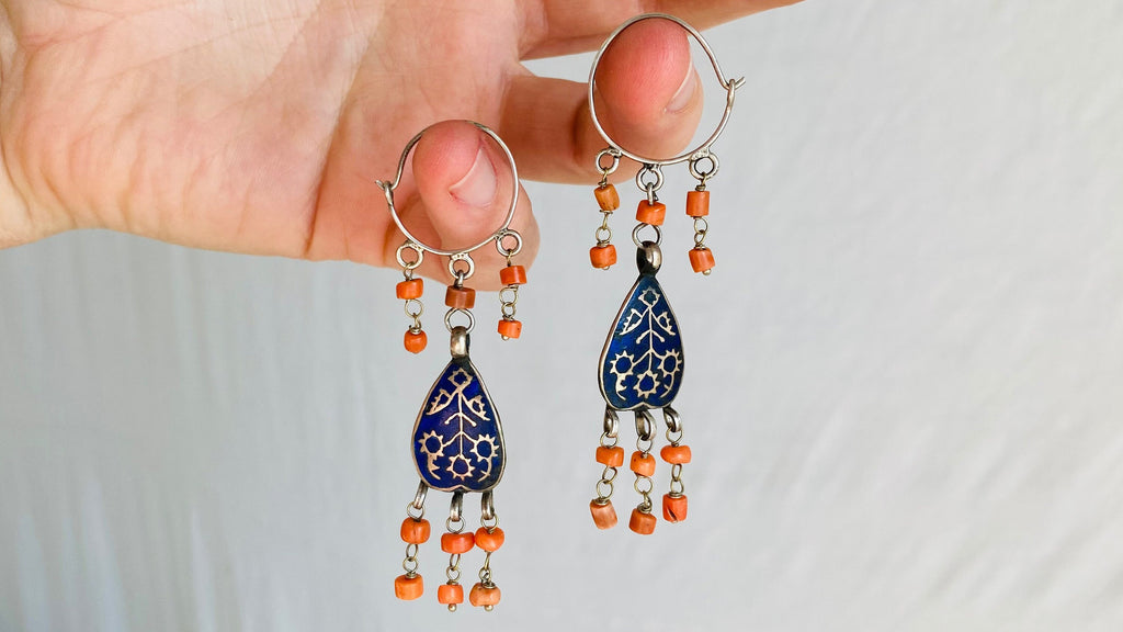 Vintage Uzbek Silver Earrings & Coral, Multan Enamel. Romantic Beauties