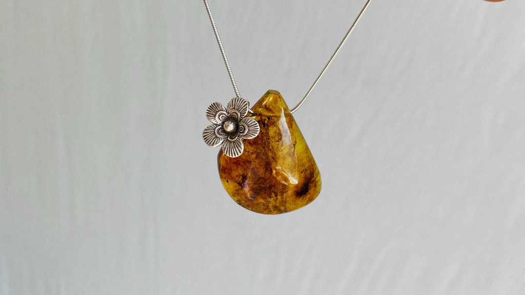 Amber Flower Pendant on a Silver Chain. Snake Chain. Atelier Aadya. 0182