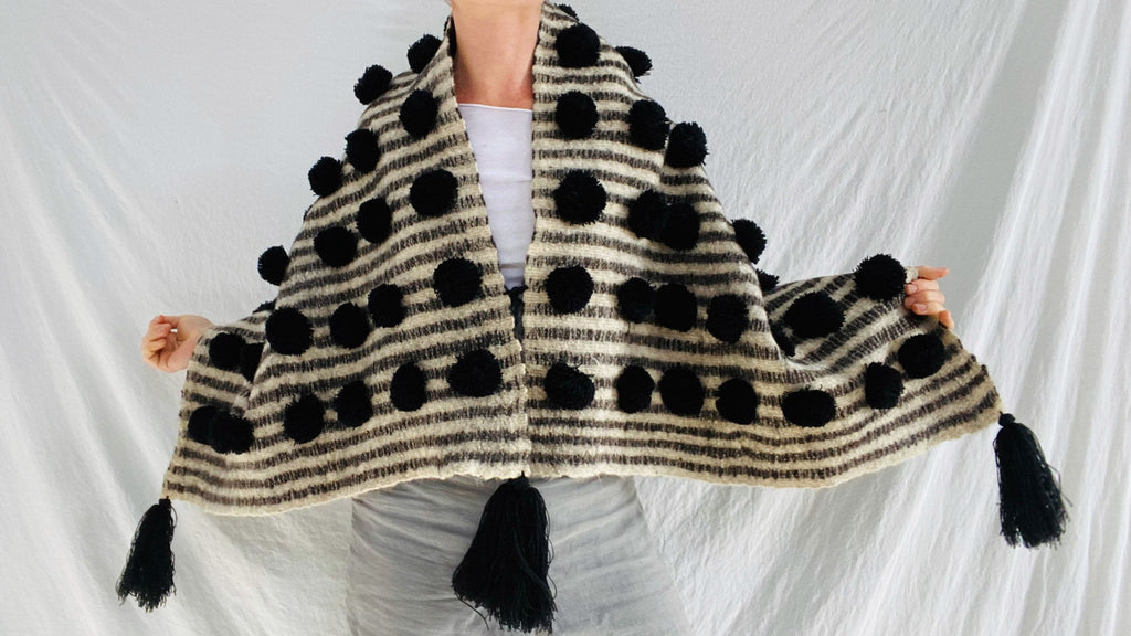Wool Shawl. Pom Poms & Tassels. Mayan. Chamula. Mexico