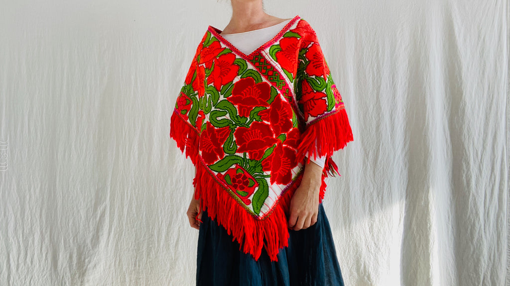 Embroidered Poncho. Mazahua. Hand-Woven and Embroidered