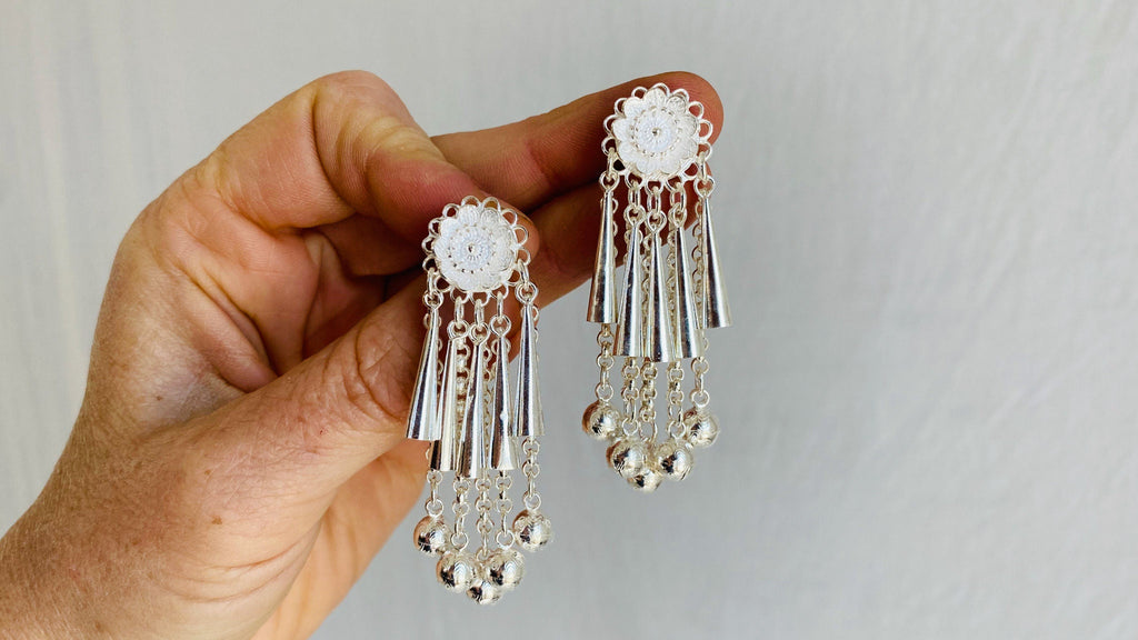 Long Silver Hmong Dangle Earrings. 0136