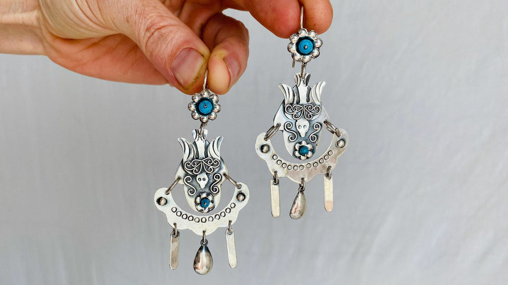 Vintage Oaxacan Earrings. Sterling Silver & Turquoise. Mexico.