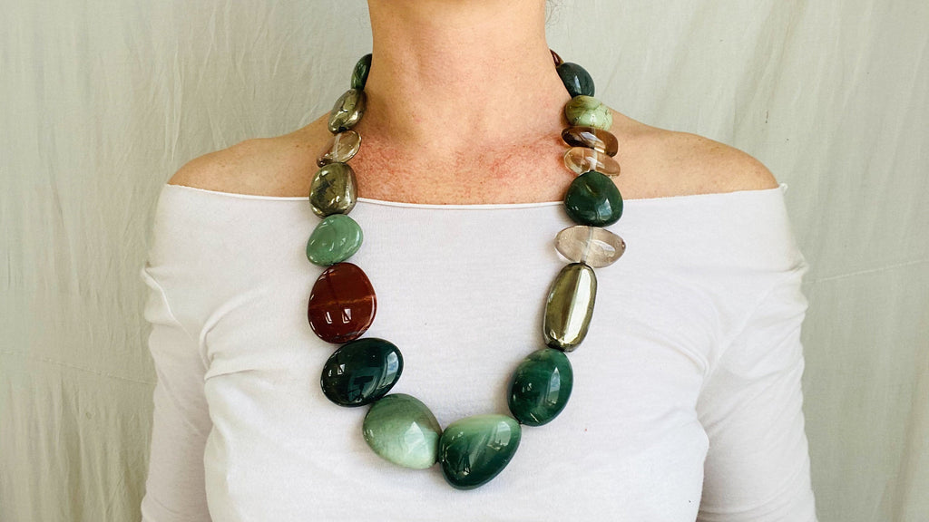 Green Jasper, Smoky Quartz and Pyrite Necklace. Choker.