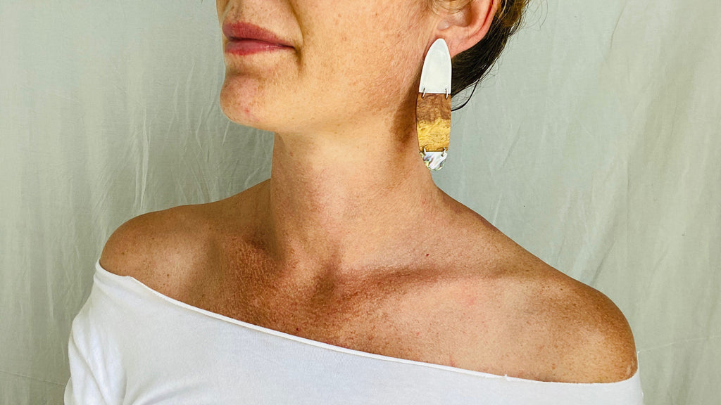 Asymmetrical Mesquite, Silver & Paua Earrings.